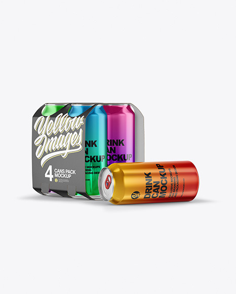 Carton Carrier W/ 4 Glossy Metallic Cans Mockup