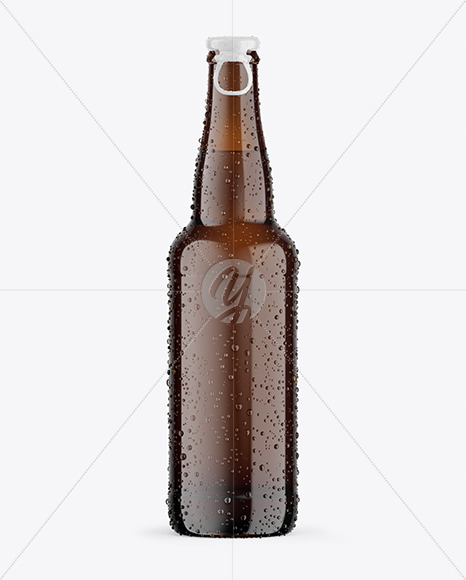 Amber Glass Lager Beer Bottle w/ Condensation Mockup