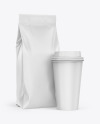 Matte Coffee Bag with Cup Mockup – Half Side View