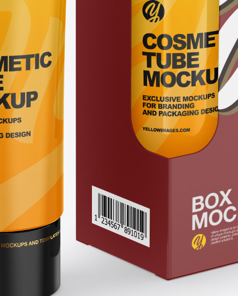 Glossy Cosmetic Tube w/ Box Mockup