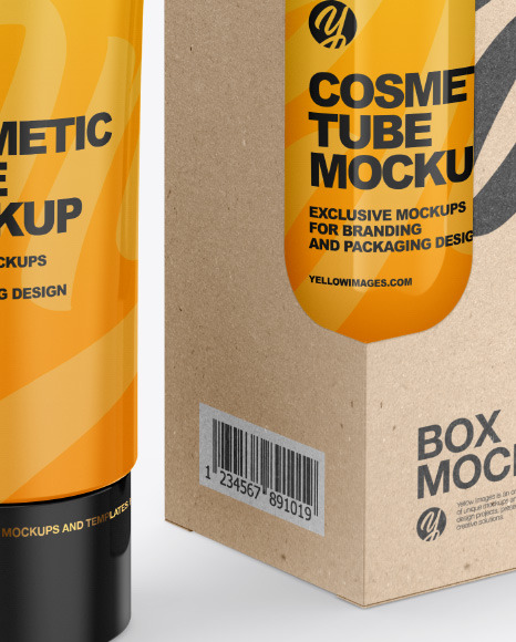 Glossy Cosmetic Tube w/ Kraft Box Mockup