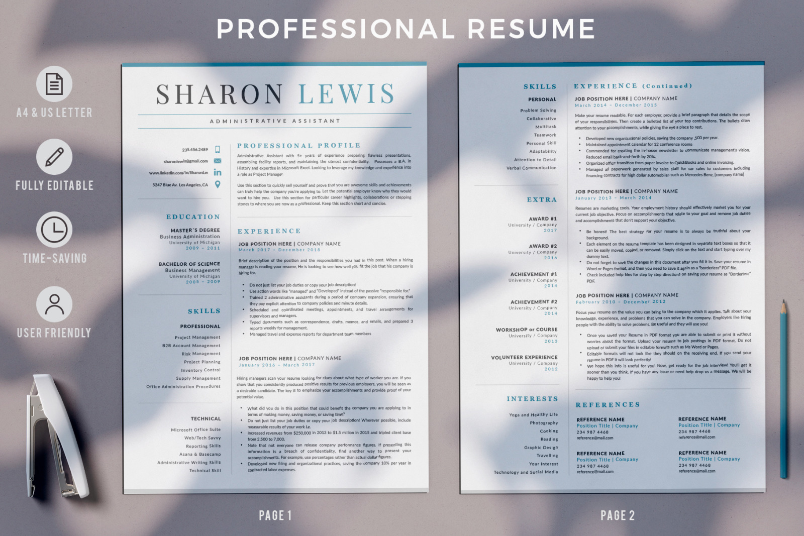 Administrative Assistant Resume Template for MS Word and Mac Pages and Matching Cover Letter