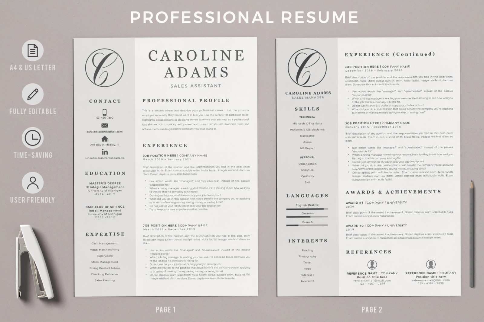 Sales Assistant Resume Template, Cover Letter and References for MS Word and Mac Pages