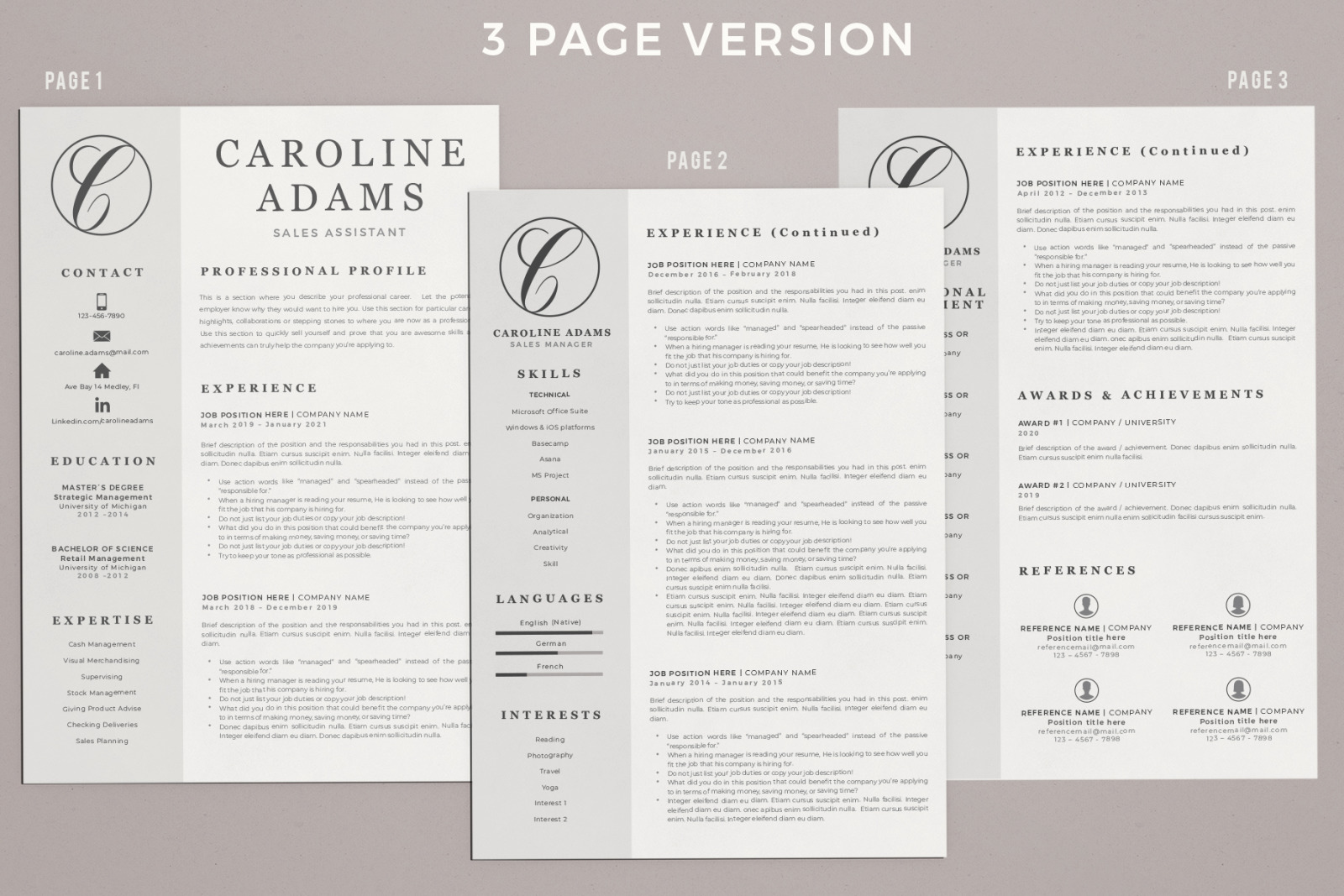 Sales Assistant Resume Template, Cover Letter and References for MS Word and Mac Pages