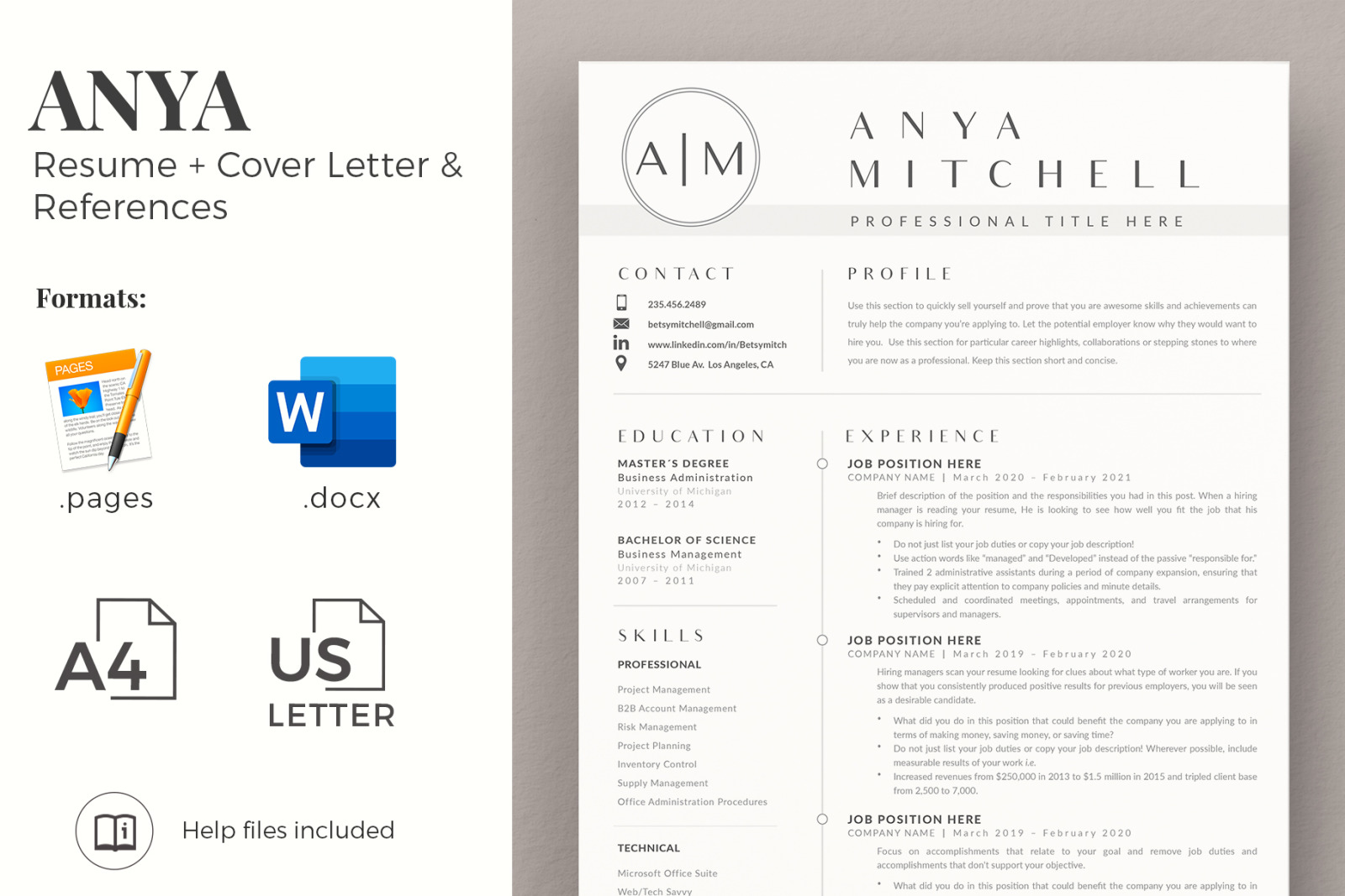 3 Pages of Professional Resume CV Design with Cover Letter format and References page