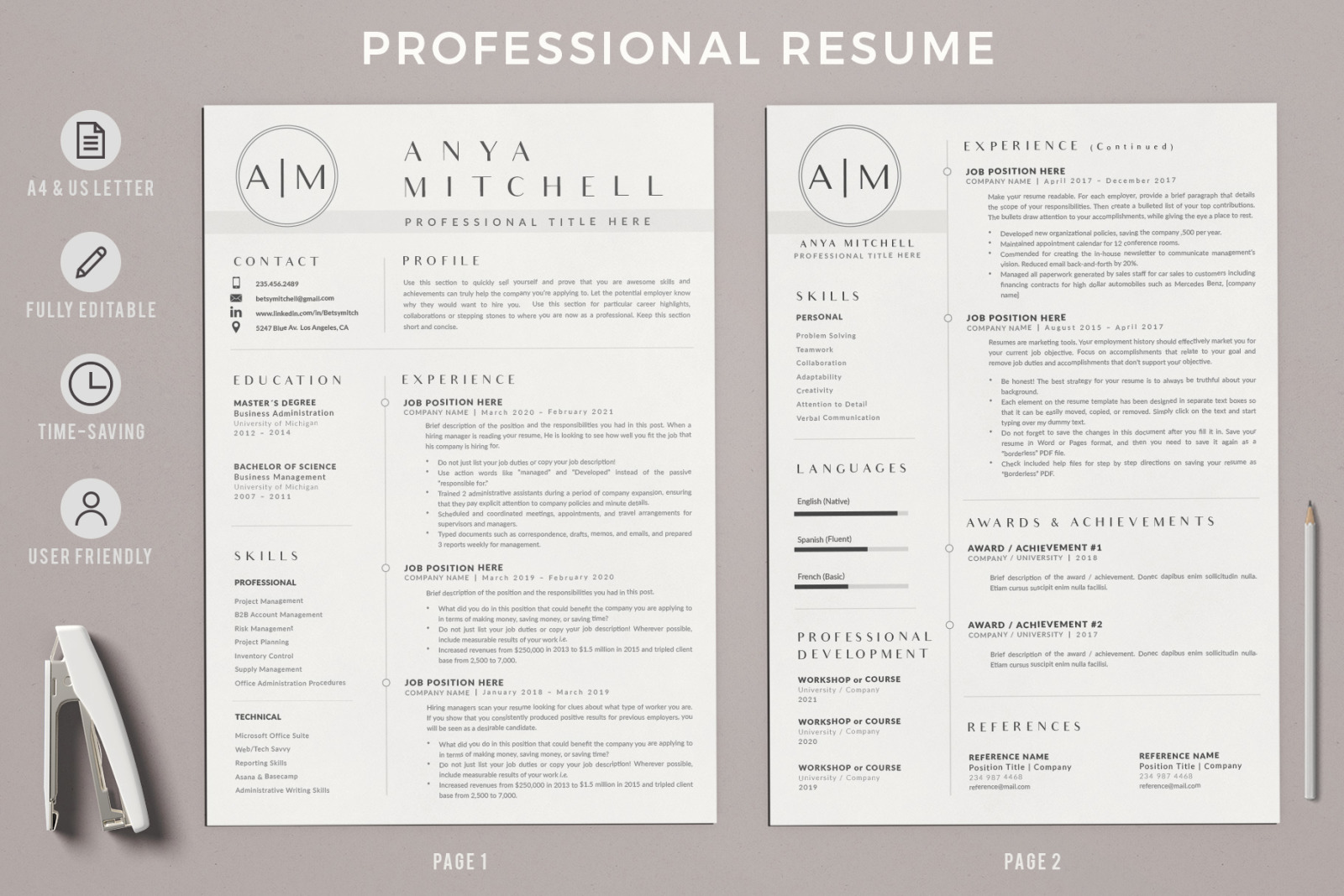 3 Pages of Professional Resume CV Design with Cover Letter format and References page