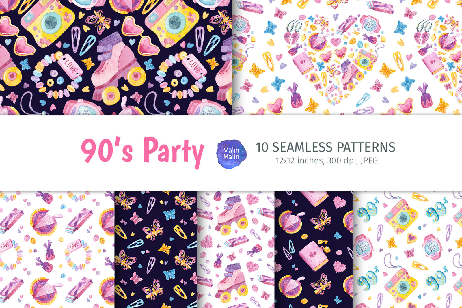 90s seamless patterns. Watercolor retro clipart for 90s backdrop, 90s party favors, 90s stickers