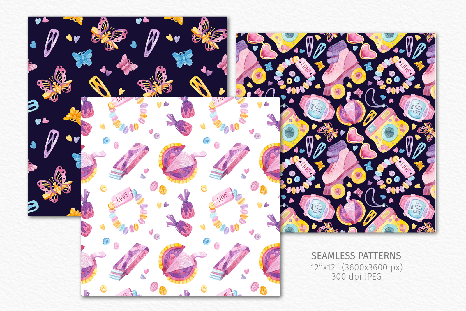 90s seamless patterns. Watercolor retro clipart for 90s backdrop, 90s party favors, 90s stickers 90s seamless patterns. Watercolor retro clipart for 90s backdrop, 90s party favors, 90s stickers
