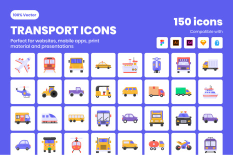 150 Flat Transport Icons - Graphics