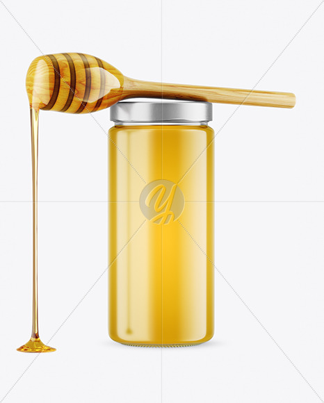 Clear Glass Honey Jar with Wooden Dipper Mockup