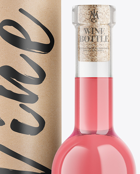 Clear Glass Pink Wine Bottle With Tube Mockup