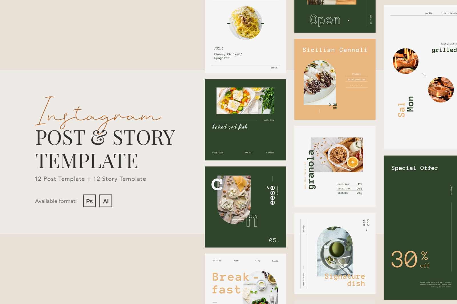 Elegant Restaurant Instagram Post and Story Template