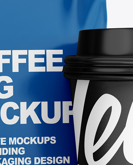 Glossy Coffee Bag with Cup Mockup - Half Side View