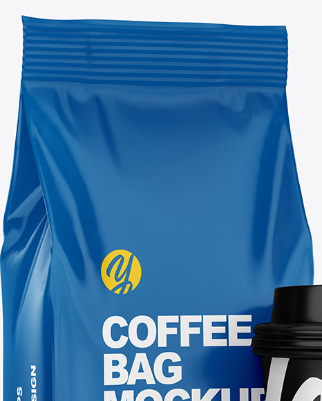 Glossy Coffee Bag with Cup Mockup - Half Side View