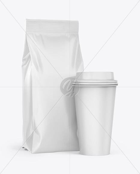 Glossy Coffee Bag with Cup Mockup - Half Side View