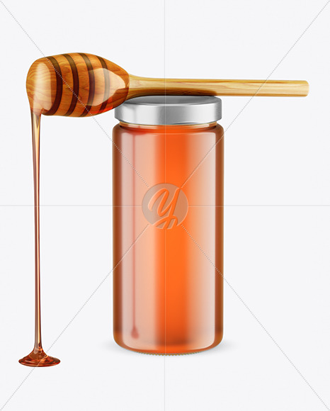 Clear Glass Honey Jar with Wooden Dipper Mockup