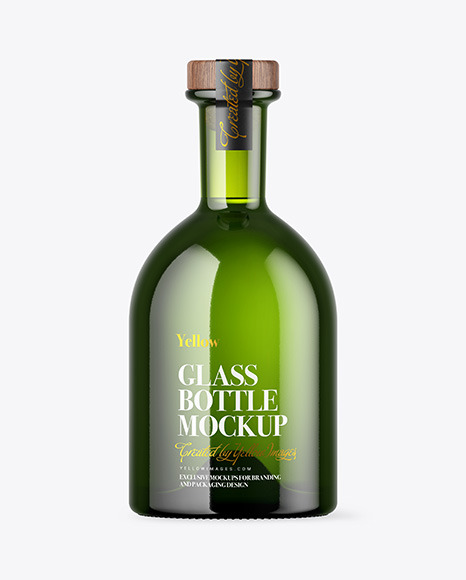 Green Glass Bottle with Wooden Cap Mockup