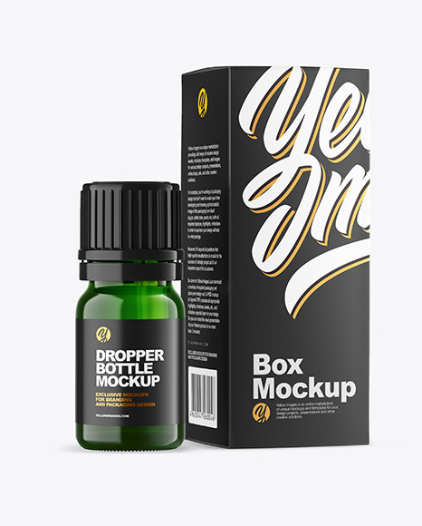 Green Glass Bottle with Box Mockup