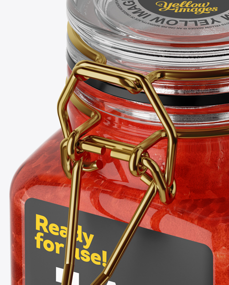 100ml Glass Red Caviar Jar w/ Clamp Lid Mockup - Half Side View (High-Angle Shot)