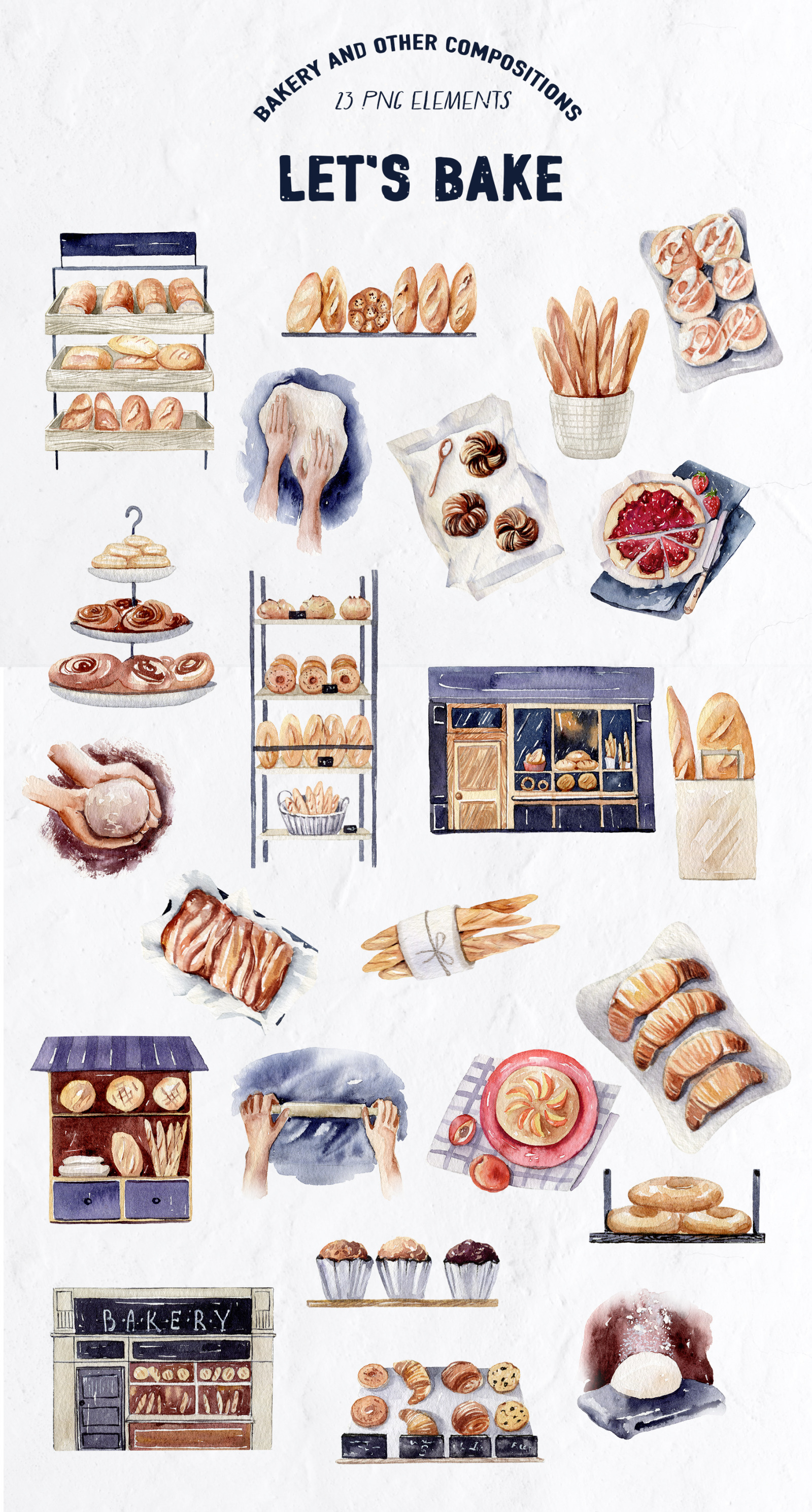 LET&#039;S BAKE Watercolor Aesthetic set, baking clipart, dessert