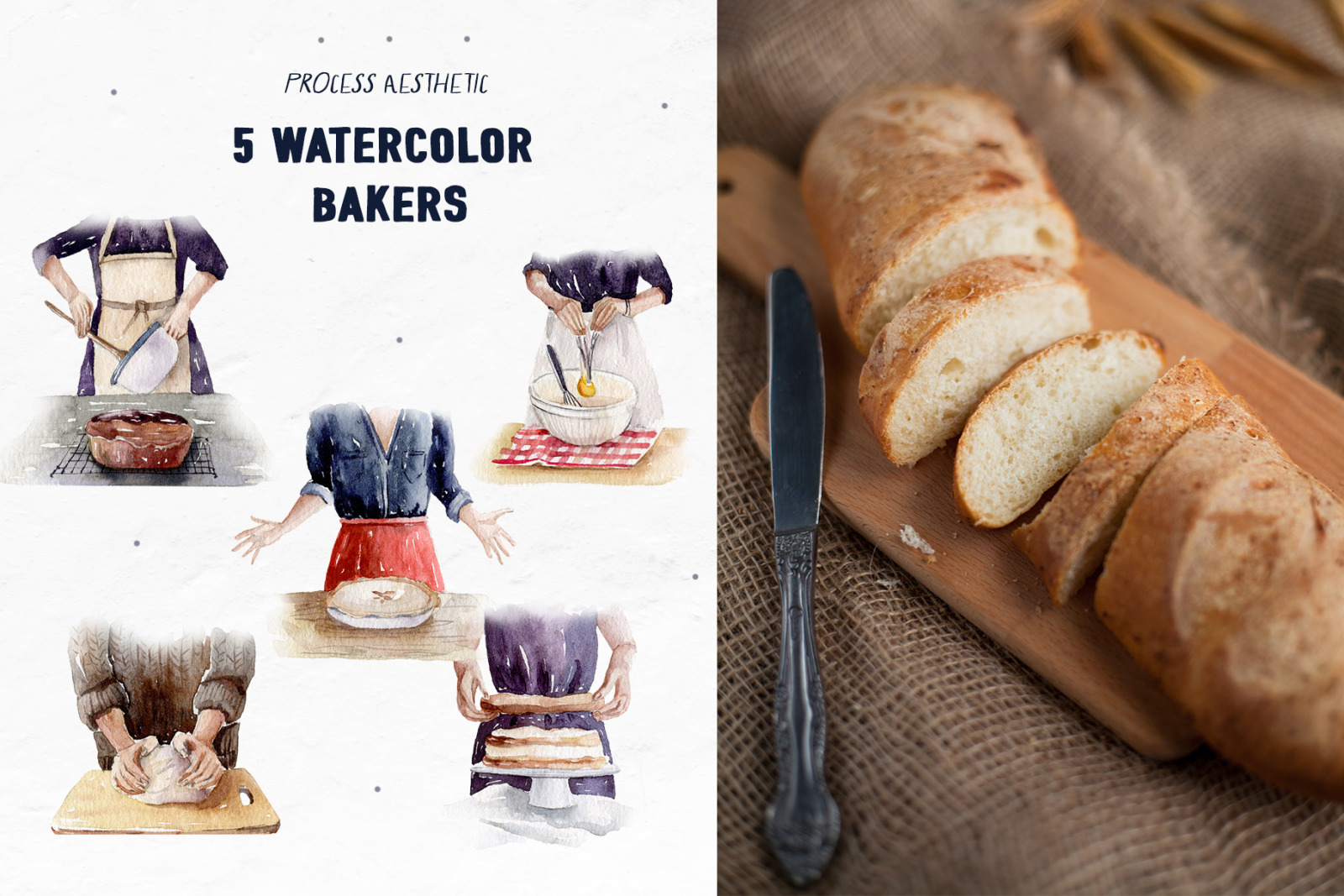 LET&#039;S BAKE Watercolor Aesthetic set, baking clipart, dessert