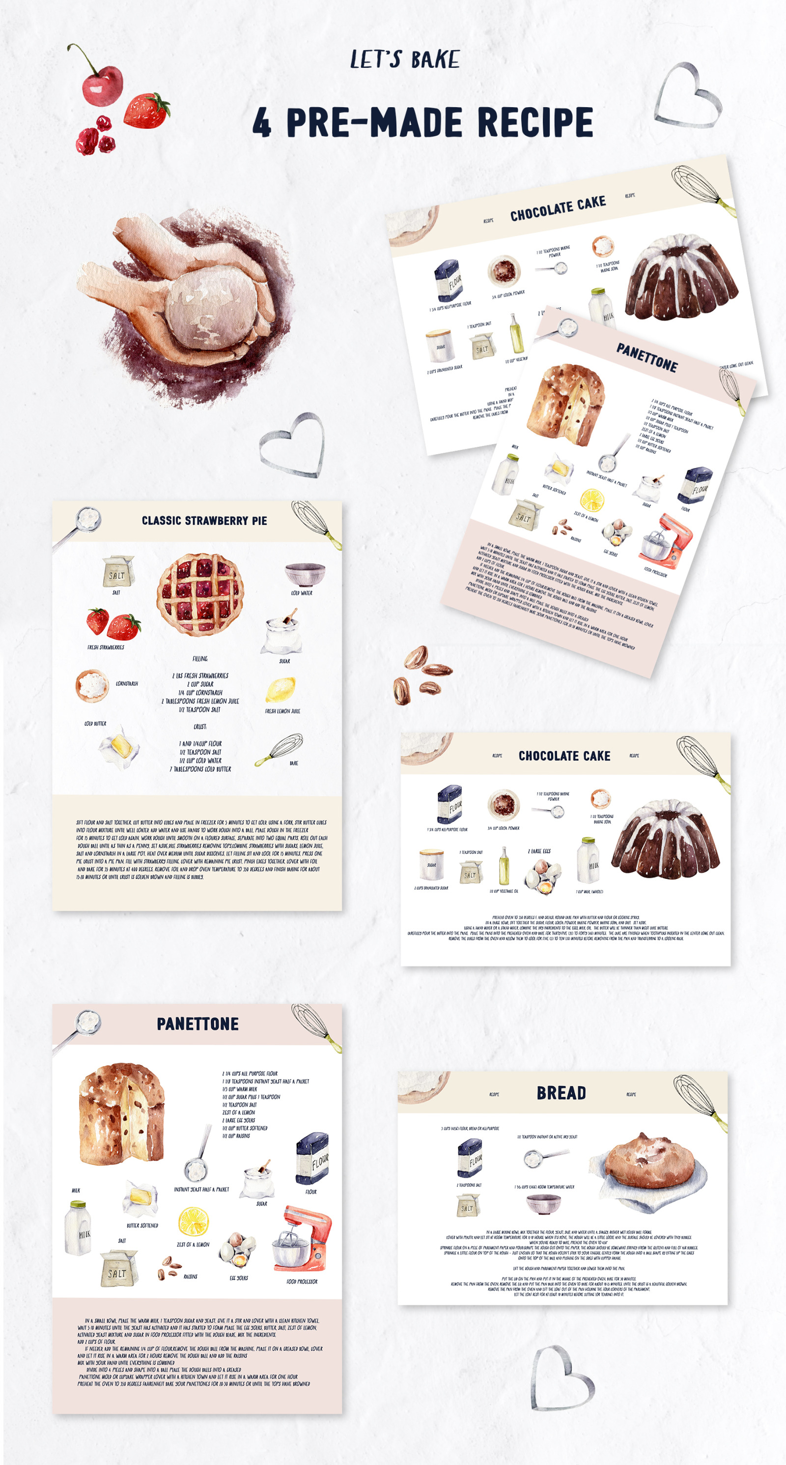 LET&#039;S BAKE Watercolor Aesthetic set, baking clipart, dessert