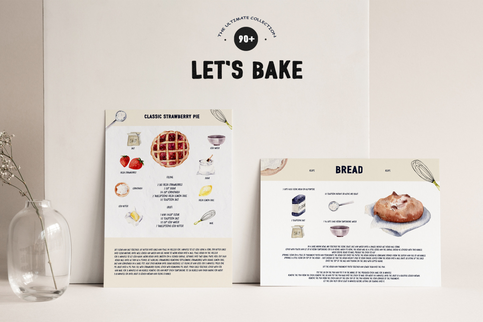 LET&#039;S BAKE Watercolor Aesthetic set, baking clipart, dessert