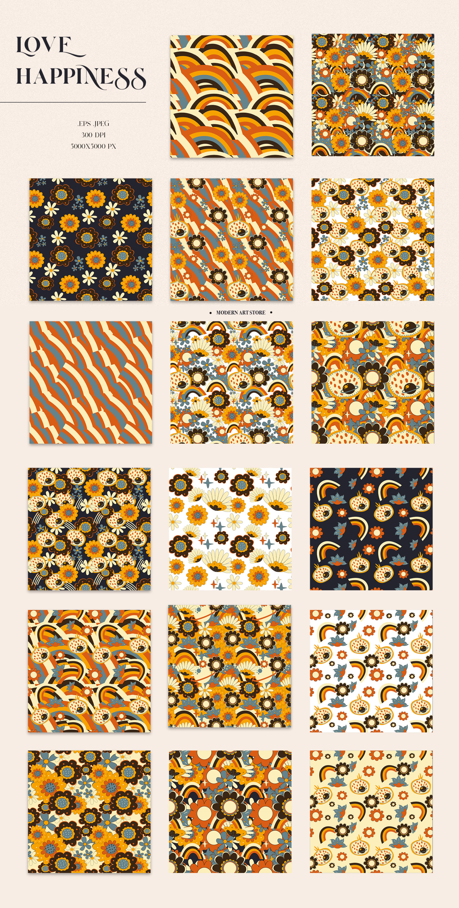 LOVE HAPPINESS. Hippie patterns, vector posters, floral