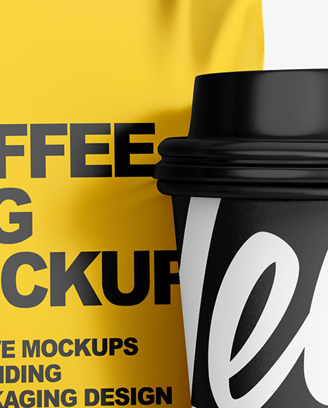 Metallic Coffee Bag with Cup Mockup - Half Side View