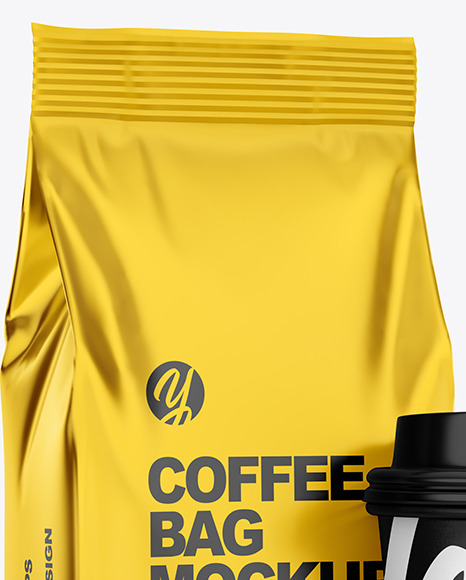 Metallic Coffee Bag with Cup Mockup - Half Side View