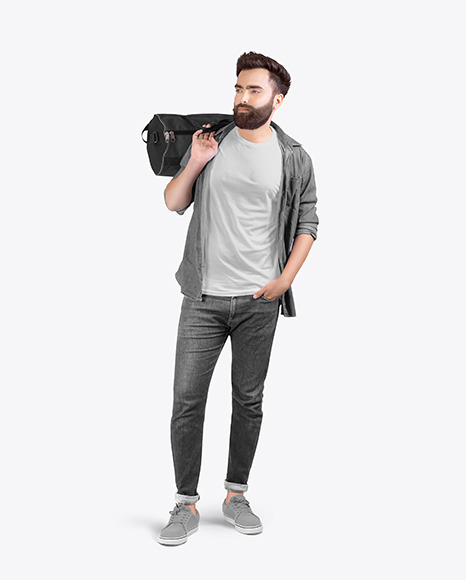 Man w/ Bag in Crew Neck Shirt Mockup