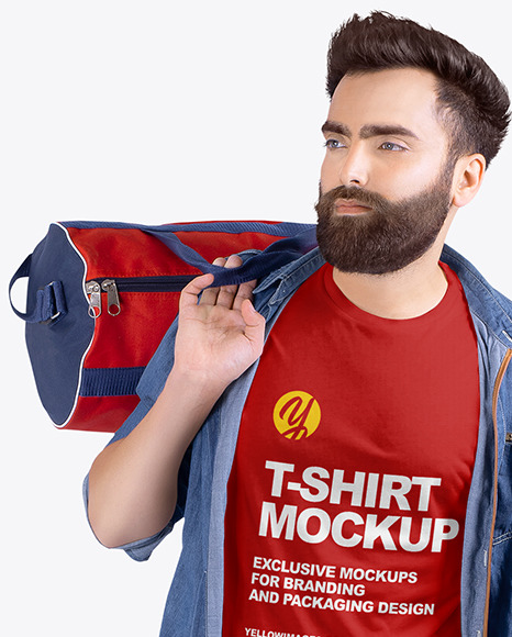 Man w/ Bag in Crew Neck Shirt Mockup