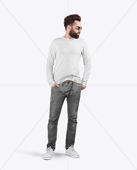 Man in Crew Neck Long Sleeve Shirt Mockup