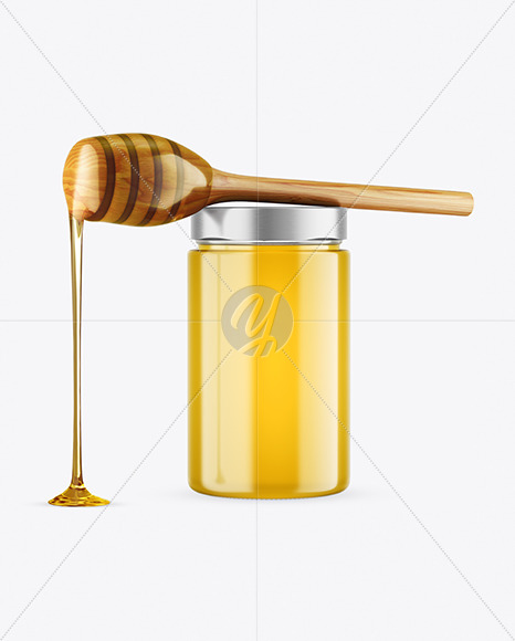 Clear Glass Honey Jar with Wooden Dipper Mockup