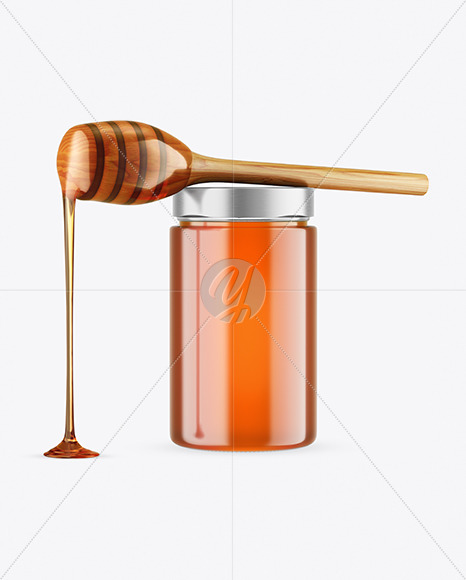 Clear Glass Honey Jar with Wooden Dipper Mockup