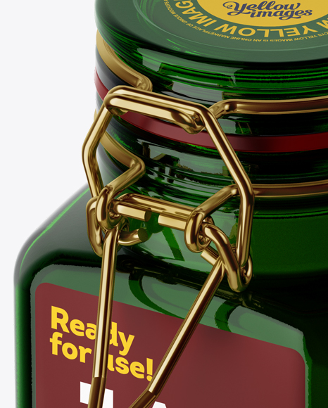 100ml Green Glass Jam Jar w/ Clamp Lid Mockup - Half Side View (High-Angle Shot)