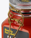 100ml Glass Red Jam Jar w/ Clamp Lid Mockup - Half Side View (High-Angle Shot)