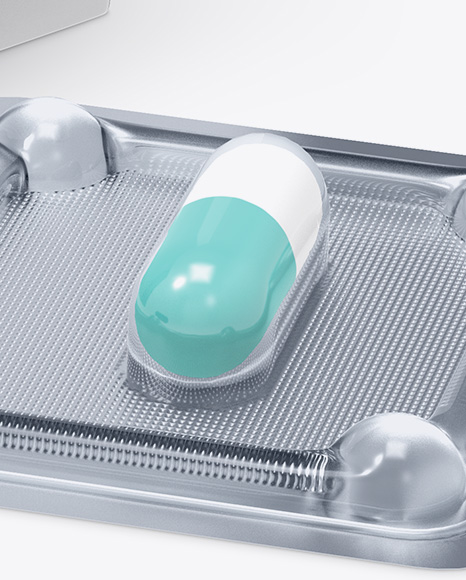 Pills Box With Transparent Blister Mockup - Half Side View