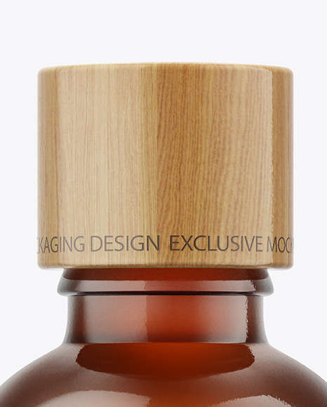 100ml Amber Glass Bottle W/ Wooden Lid Mockup