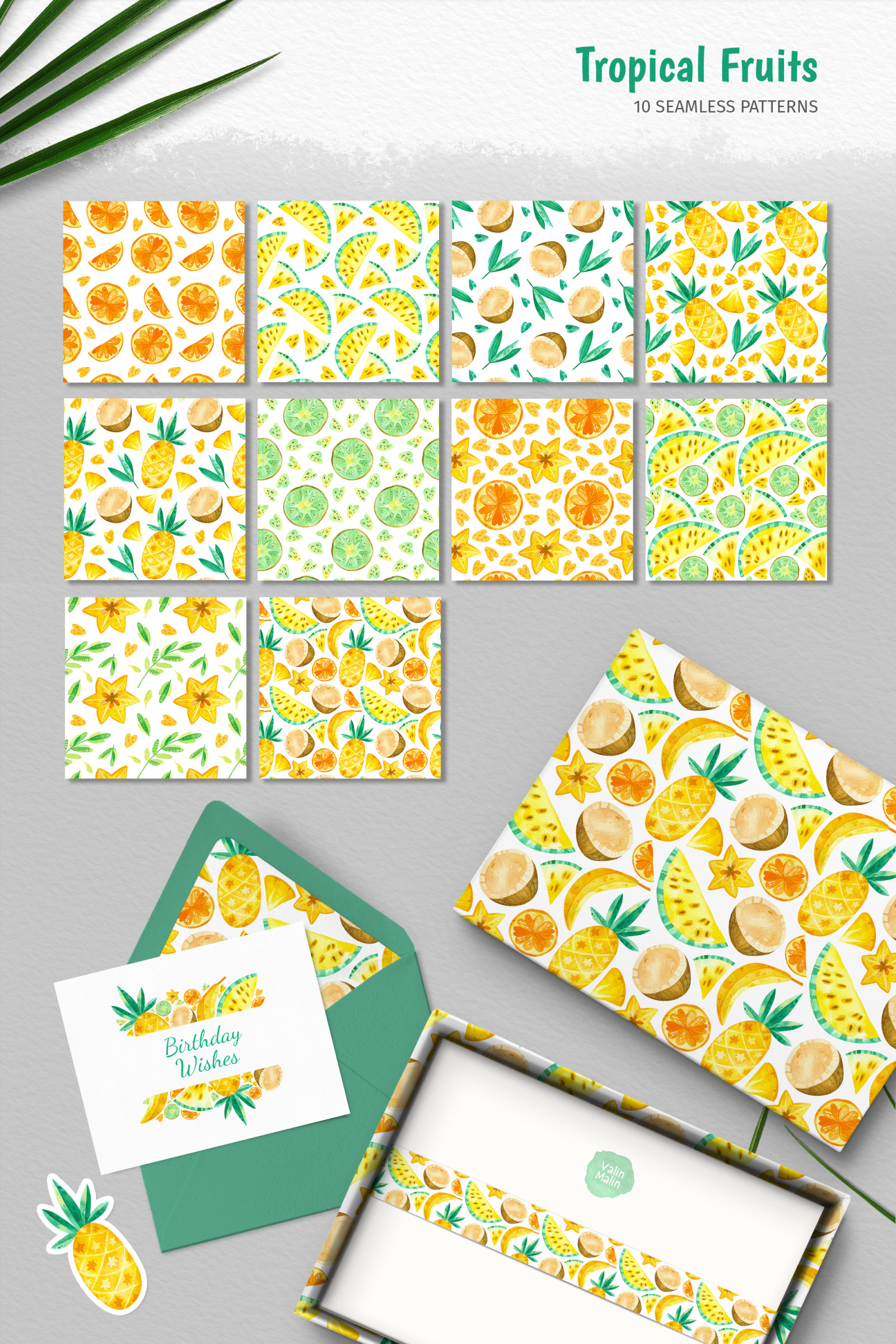 Watercolor tropical fruit - seamless patterns and clipart