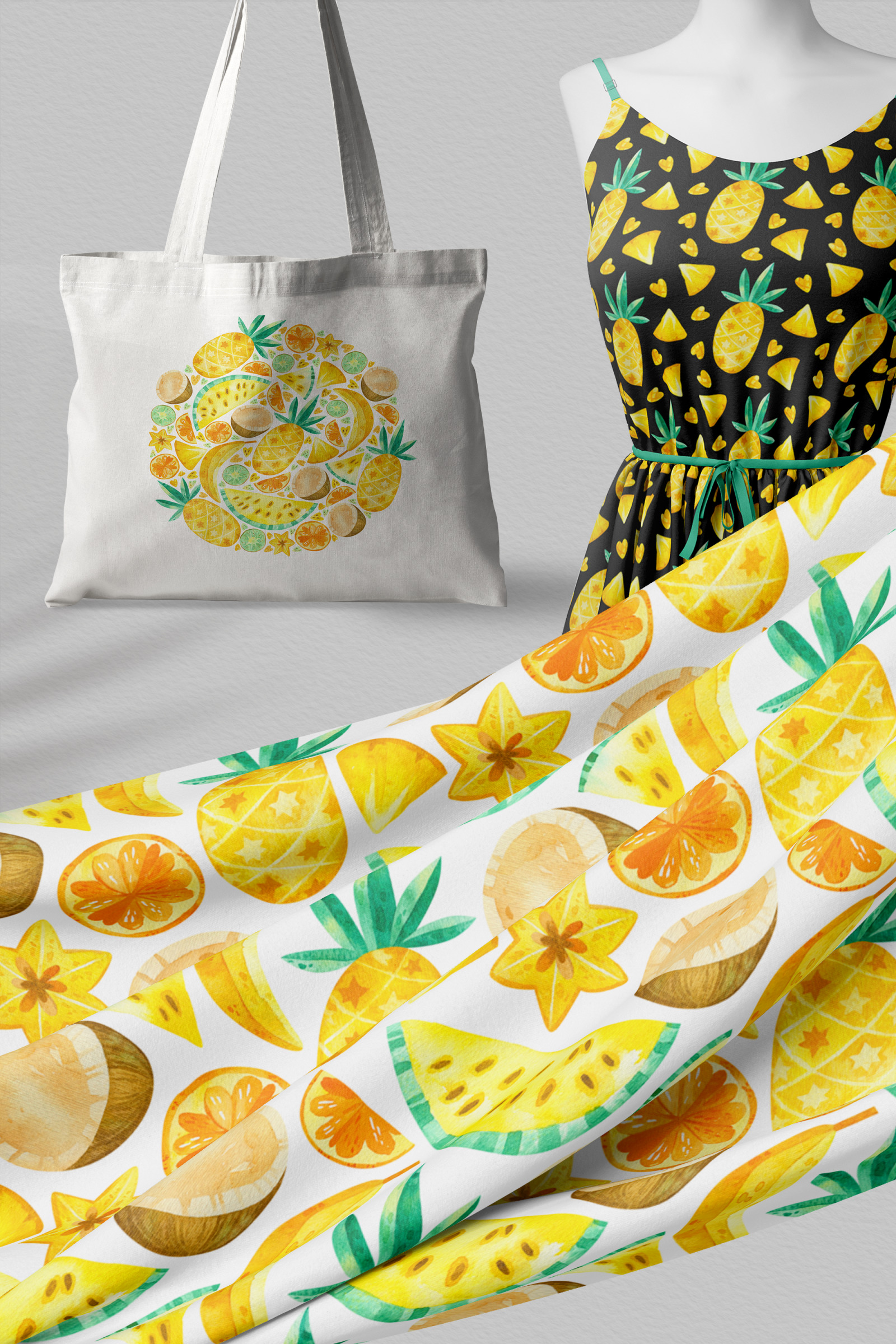 Watercolor tropical fruit - seamless patterns and clipart