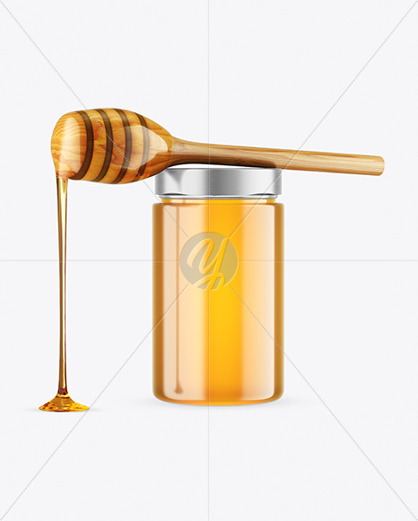 Clear Glass Honey Jar with Wooden Dipper Mockup