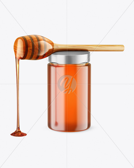 Clear Glass Honey Jar with Wooden Dipper Mockup