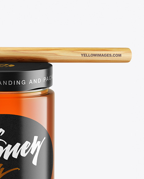 Clear Glass Honey Jar with Wooden Dipper Mockup