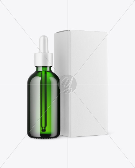 Green Glass Dropper Bottle with Paper Box Mockup