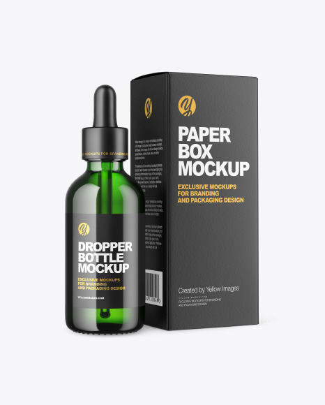 Green Glass Dropper Bottle with Paper Box Mockup