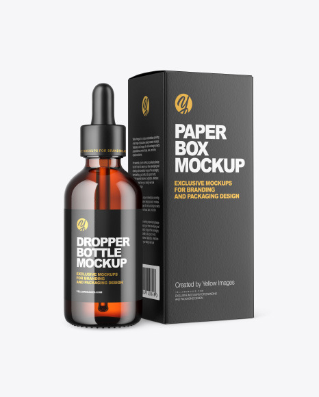 Amber Dropper Oil Bottle with Paper Box Mockup