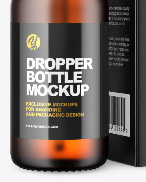 Frosted Amber Dropper Oil Bottle with Paper Box Mockup