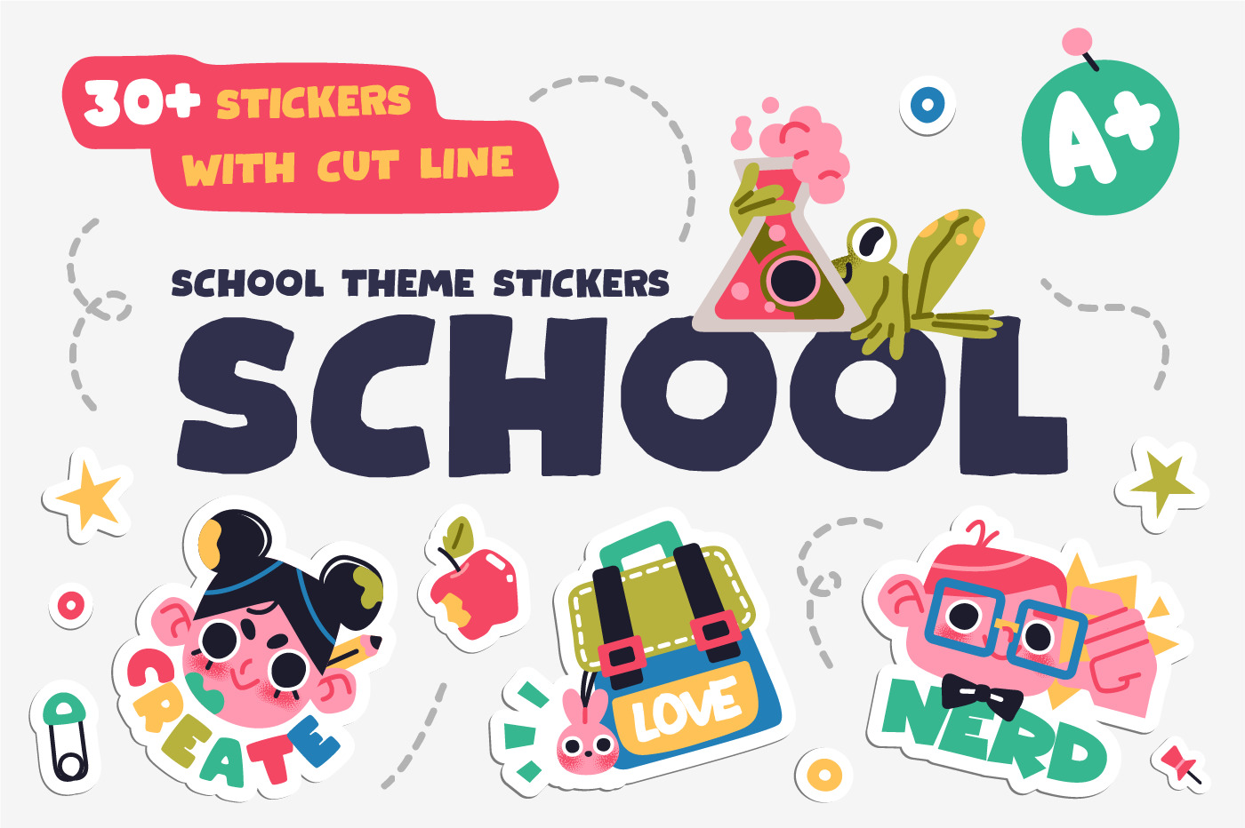 Collection of School stickers or badges with happy children, school supplies and decorations