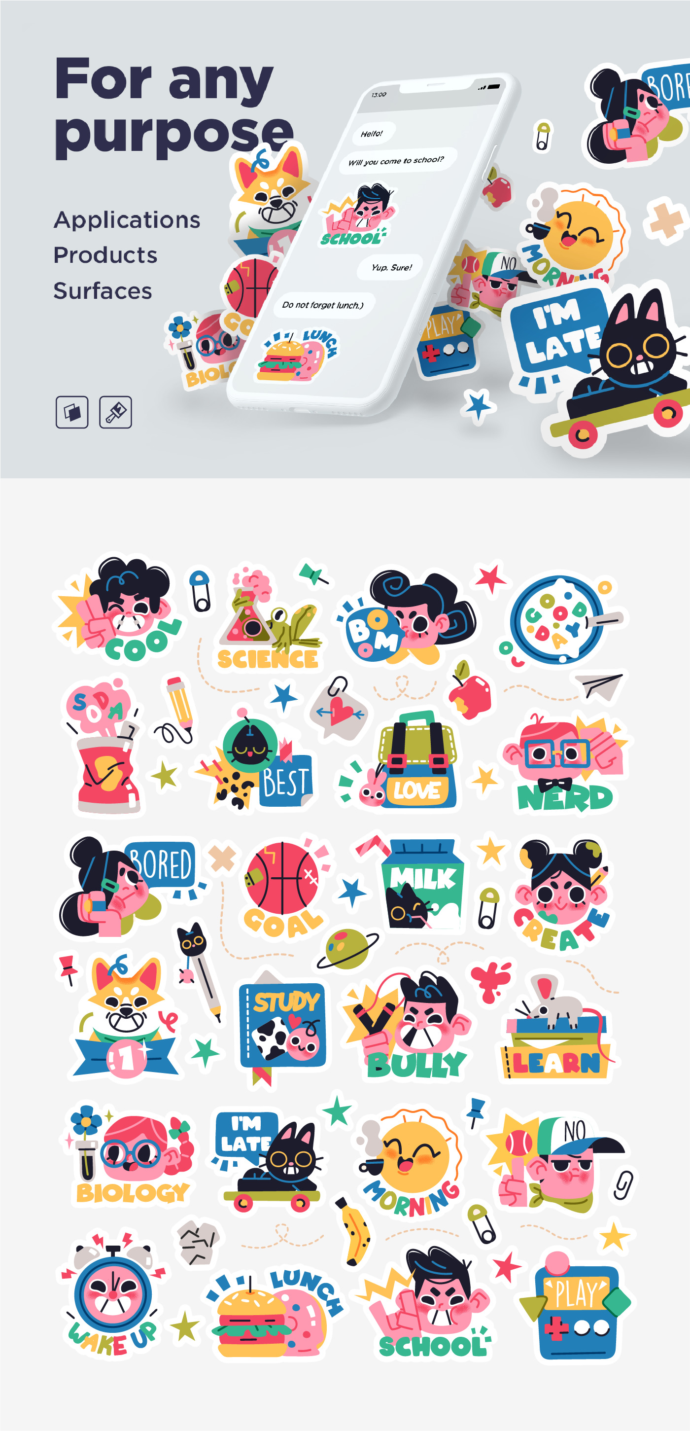 Collection of School stickers or badges with happy children, school supplies and decorations Collection of School stickers or badges with happy children, school supplies and decorations